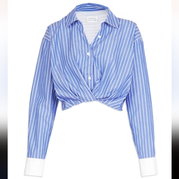 Tanya Taylor Ralphie Stripe Knotted-Hem Collared Crop Top - Picture 1 of 15